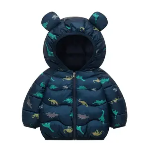 Boys' Dinosaur Hooded Winter Coat - Warm Insulated Jacket with Zipper Closure, Dark Blue Cartoon Dinosaur Print, Soft Polyester for Toddlers & Infants, Autumn & Winter Outerwear, Kids Zippered Sweatshirt, Playful Kids Fashion, Durable Kids Wear, Cold Weat