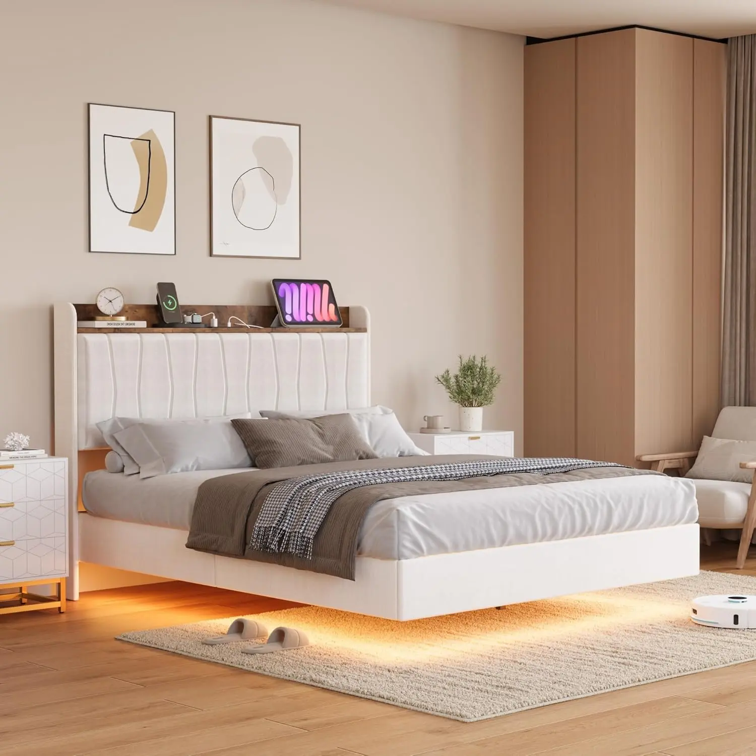 Modern Floating Upholstered Storage Full Size Bed Frame - Sturdy Platform, Upholstered Storage Headboard, LED Lights, Charging Station, Noise-Free Design, No Box Spring Needed, Beige, Modern Floating Bed, Upholstered Storage Bed
