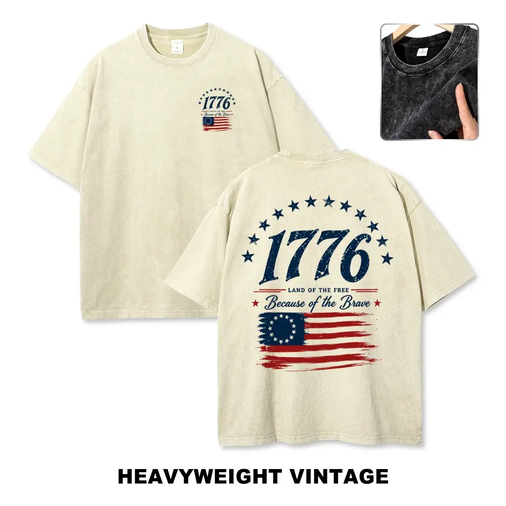 Men's Vintage 1776 Patriotic Graphic Tee - 100% Cotton Menswear Round Neck Short Sleeve Washed American Flag Top, Pre-Shrunken Unisex Oversize 3XL Casual Patriotic Pride Tee for 4th of July
