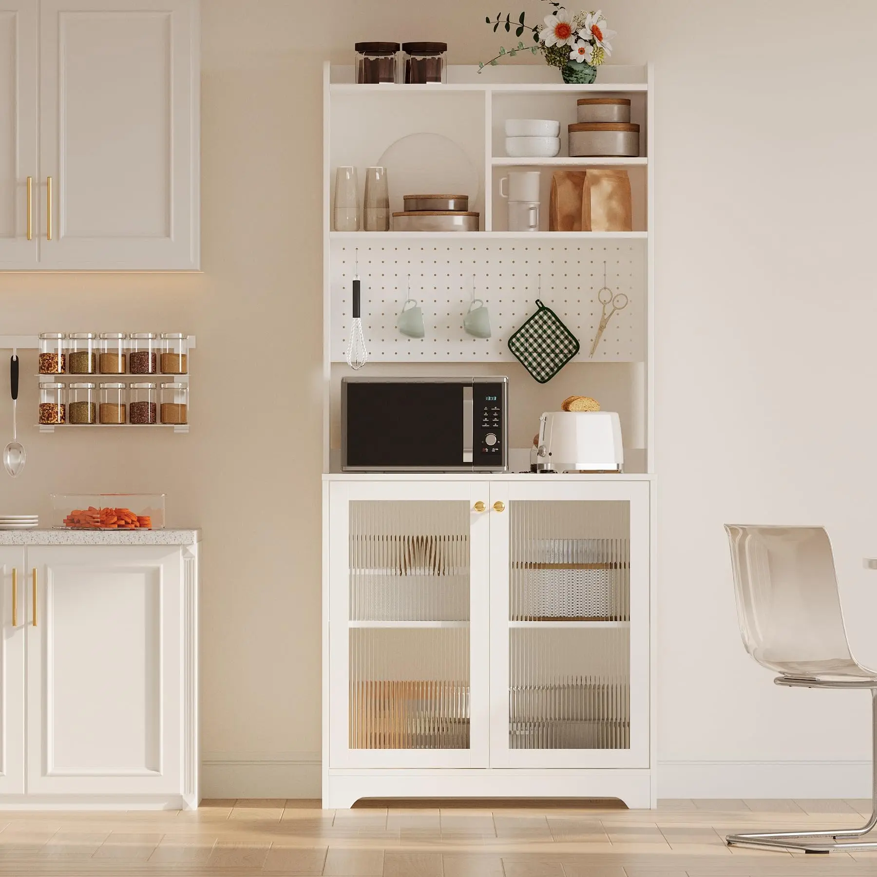 Garvee 71 in Pantry Storage Cabinet with Doors, Kitchen Storage Cabinets with DIY Pegboard & Adjustable Shelves, Hutch Cabinet for Kitchen Dining Room Living Room(31.5 in x15.5 in x71 in ), White