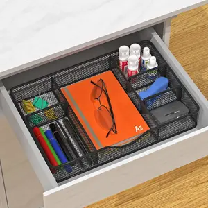 6 Adjustable Compartments Metal Mesh Drawer Organizer, Multi-Purpose Desk Makeup Vanity Tray, For Desktop Kitchen Bathroom Storage, 14.5×8.8×1.96 Inch Black 1 Pack