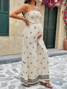 ELLIOTTWI Maternity Floral Print Tube Top Adjustable Waist Wide Leg Pants Set  Overalls