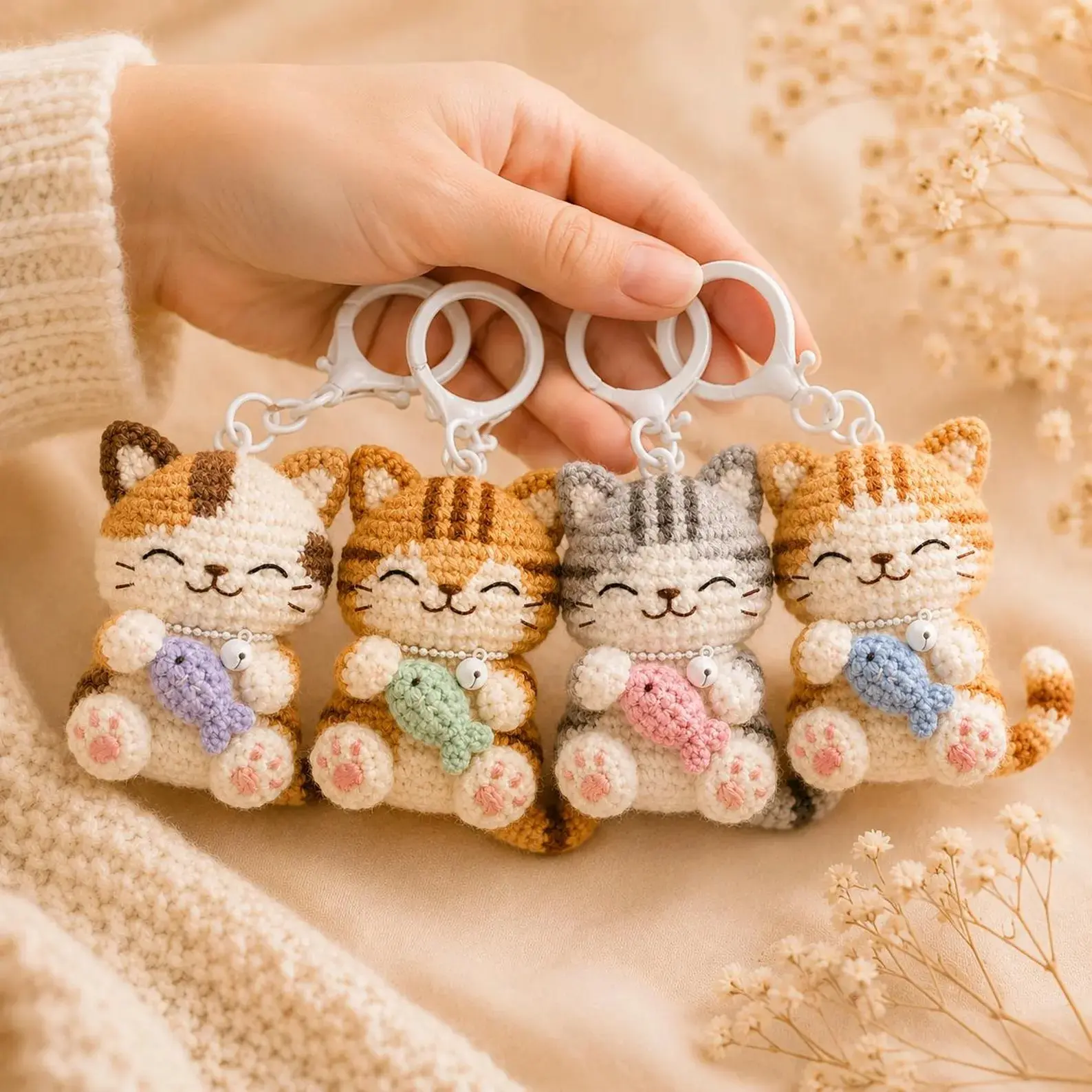 Crochet Cat Keychain – Handmade Amigurumi Cat Keyring, Cute Plush Keychain, Kawaii Bag Charm, Mini Crochet Animal Keychain