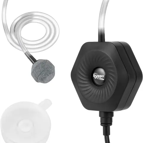 hygger Silent Compact Mini Aquarium Pump - 1.5W 110-120V 50-60Hz Hexagonal Ceramic-Plastic Oxygenator with Air Stone, Tubing, Dual Suction Cup, Power Supply, 420ml Circulation (Aids in Water Circulation) for 0.5-15 Gal Betta Tanks/Bowls (Up to 15 Gal Fit)