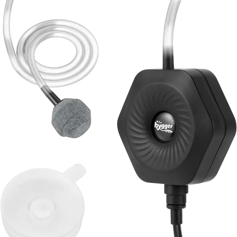 hygger Silent Compact Mini Aquarium Pump - 1.5W 110-120V 50-60Hz Hexagonal Ceramic-Plastic Oxygenator with Air Stone, Tubing, Dual Suction Cup, Power Supply, 420ml Circulation (Aids in Water Circulation) for 0.5-15 Gal Betta Tanks/Bowls (Up to 15 Gal Fit)