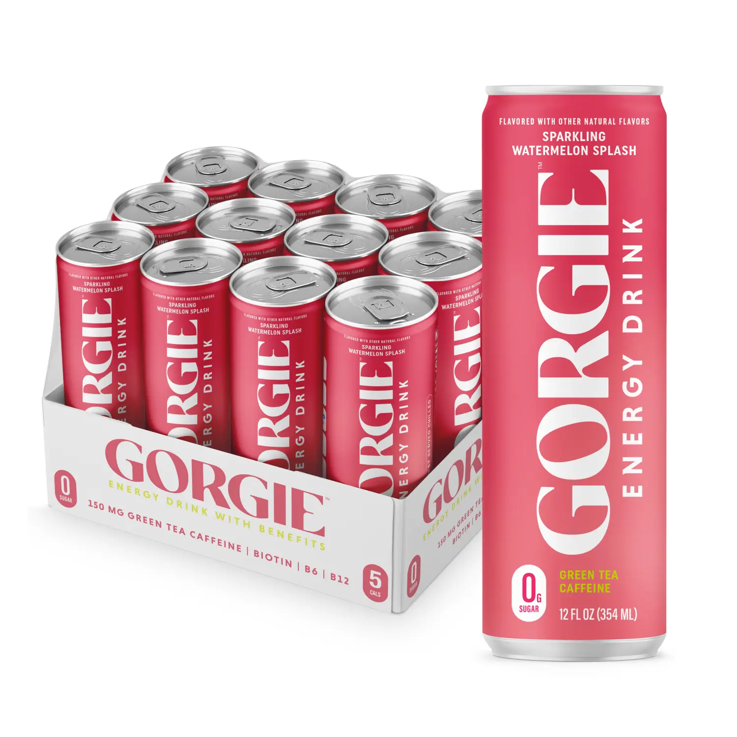 GORGIE Sugar Free Natural Energy Drinks, Sparkling Watermelon Crush (12 Pack) - Healthy Energy Drinks - Natural Coffee Replacement with Green Tea Caff