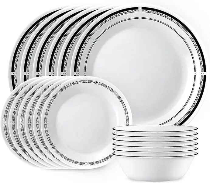 Corelle 18-Piece Round Dinnerware Set, Service for 6, Lightweight Round Plates and Bowls Set, Vitrelle Triple Layer Glass, Chip and Scratch Resistant, Microwave and Dishwasher Safe, Brasserie