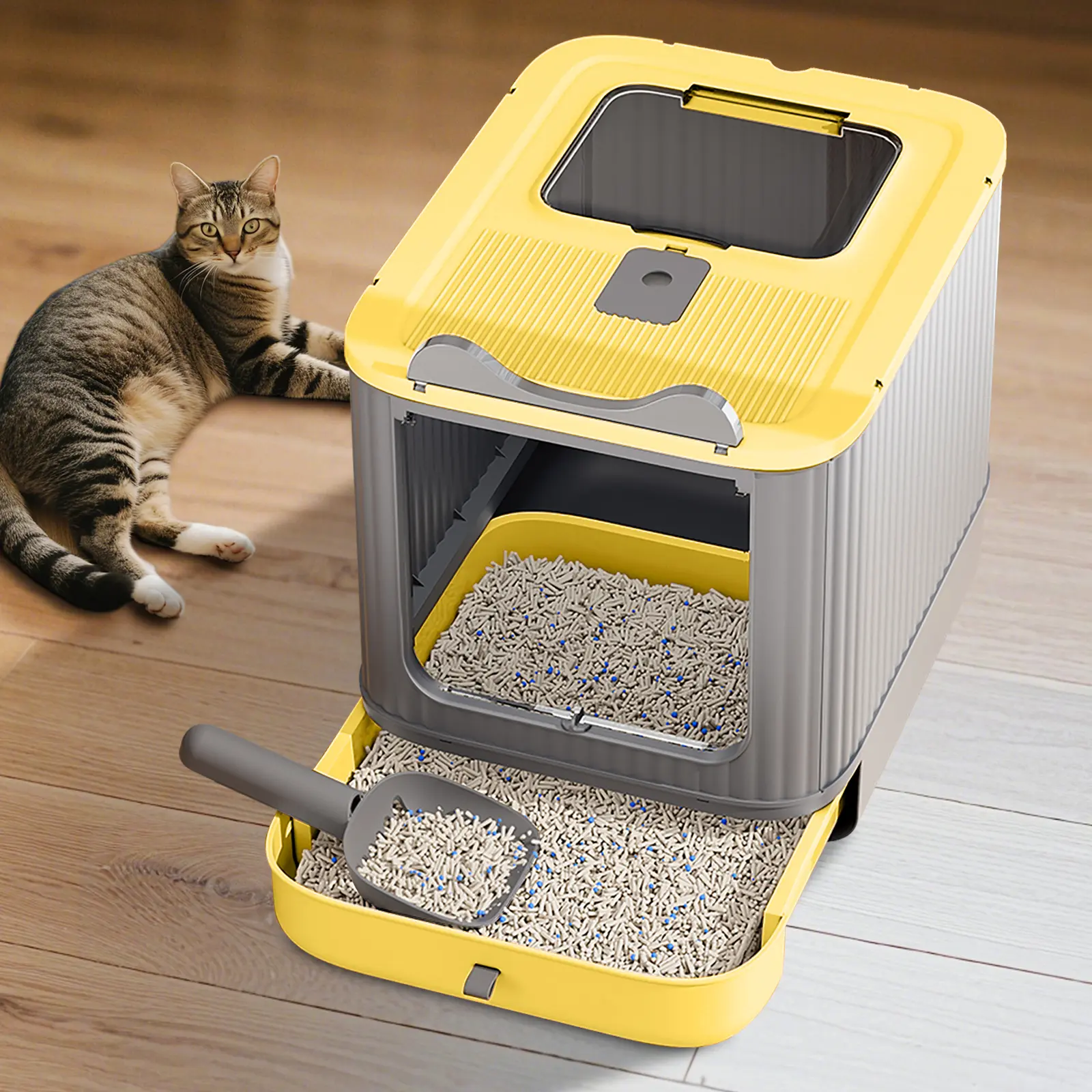 Large Square Plastic BPA-Free Litter Box Tray with Grid Top Entry Design, Drawer, Large Capacity, Sand-Proof, Easy-to-Clean, Odor-Eliminating, Antibacterial, Modern Stylish Dual-Cat Litter Box, Litter Box With Lid, Plastic Litter Box