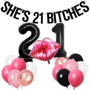 21St Birthday Decorations For Her, Black Pink 21St Party Decorations For Women, Black 21 Balloon Number, Banner For Finally 21 Party Supplies