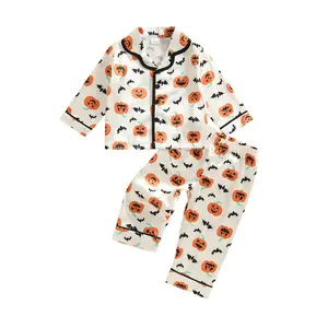 REDWOON Kids Baby Girl Boy Pajamas Set Silk Pumpkin Print Button Down Shirt Tops Pants Toddler Sleepwear Pjs Loungewear