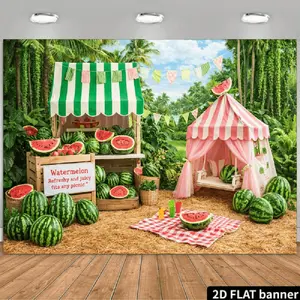 2D Flat Banner Polyester Photography Backdrop, HD Digitally Printed Soft Lightweight Foldable Background Cloth featuring a vibrant Watermelon Theme, Jungle Picnic Scene with a fruit stand and pink tent, ideal for Summer Parties, B