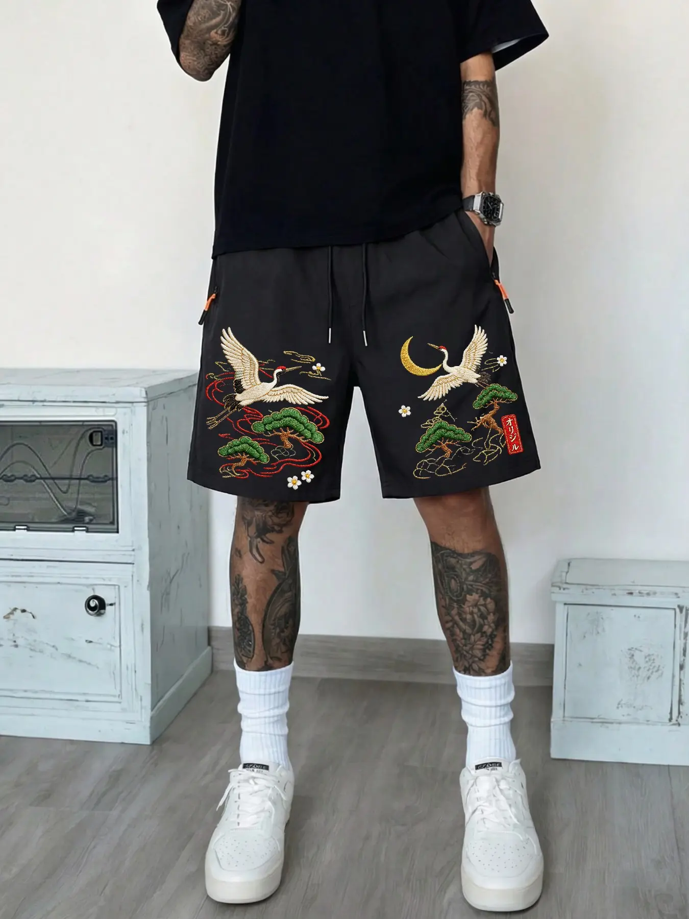 Men's Quick-Dry Fitness Shorts with Crane Print, Summer Breathable Running Gym Shorts, Loose-Fit with Pockets, Comfortable Workout Gear