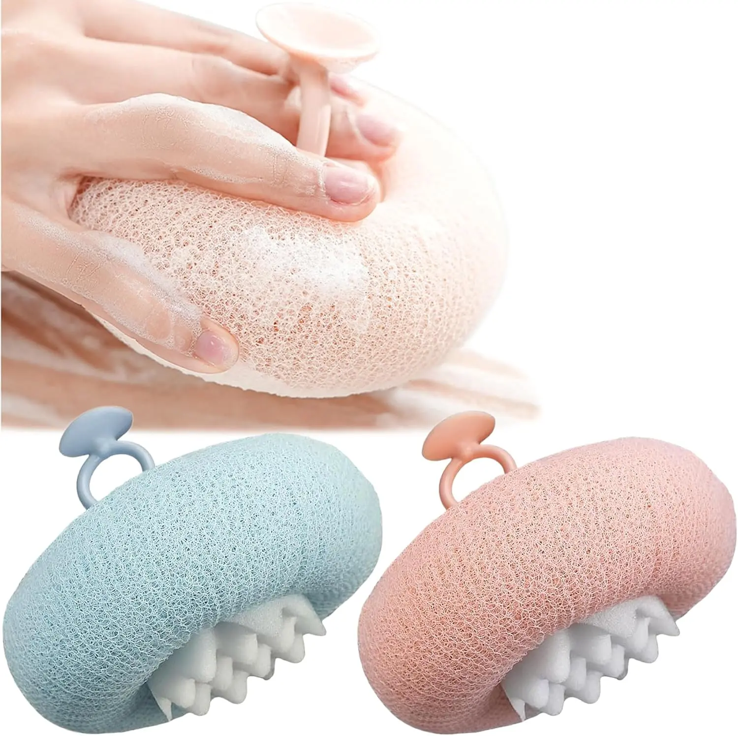 Exfoliating Shower Sponge 2 Piece Set, Relaxing Synthetic Sunflower Mesh Pouf with Suction Cup, Bath Accessories for Adults, Blue & Pink, 2 Piece Sets, Sunflower Shape, Whole Body, Wet-Scrub-Rinse, Personal, Hanging, Soap, Bath Ball, 11 X 11 X 5 Cm