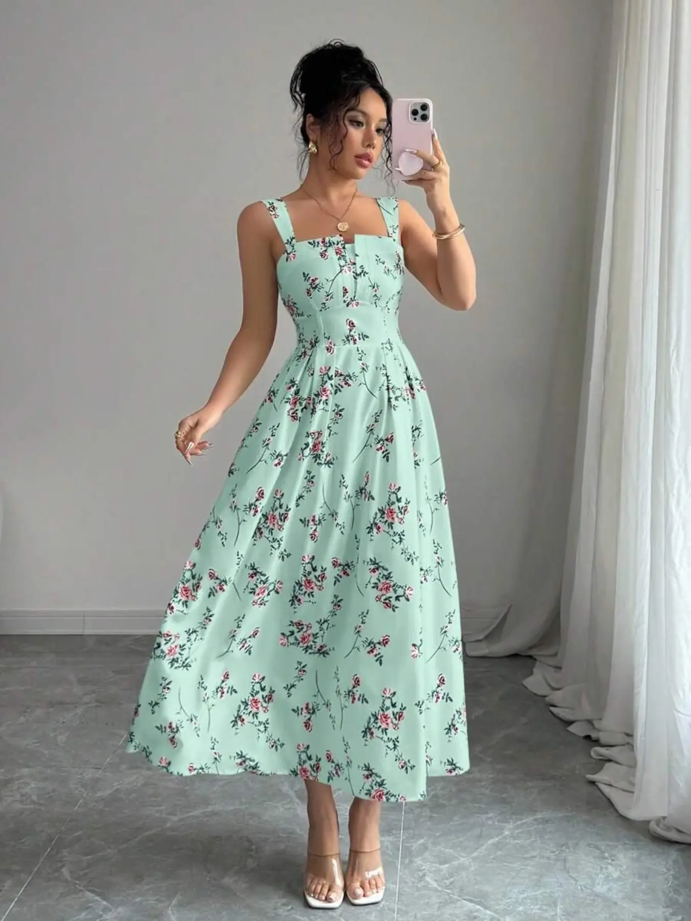 New Summer Autumn Casual French Boho Bohemian Style Floral Pattern Thin Strap Sleeveless Long Dress, Elegant Women's Fashion Skirt, Perfect for Daily Wear, Bohemian Style Dresses
