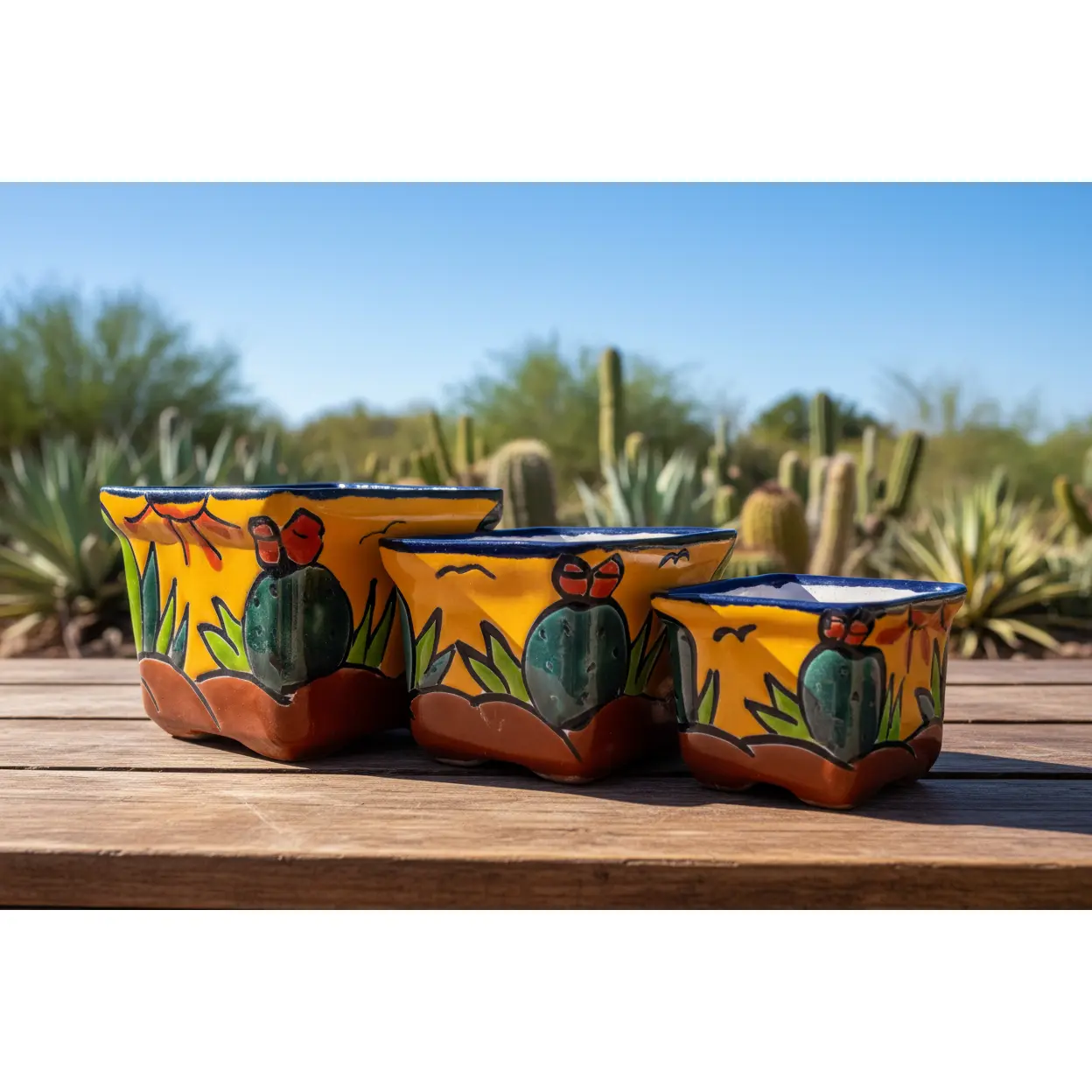 Hand-Painted Talavera Succulent Planters – Cactus | Set of 3 | 2.8"