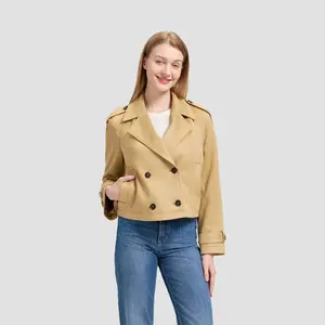Women's Faux Suede Cropped Trench Coat - Universal Thread Khaki M