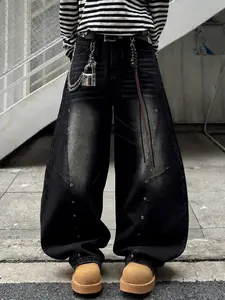 Four-season versatile black spliced wide-leg Denim jeans, non-stretch loose Relaxed Fit Y2K American Streetwear god pants, a deconstructivist trendy item, unlocking the dual postures of daily laziness and weekend style