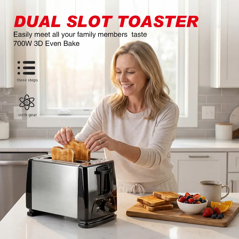 Stainless Steel 2/4-Slot Toaster, 6-Position Baking Settings, Removable Crumb Tray, 700W 3D Even Baking, Dual Slot for Bread & Bagels, Home Kitchen Essential, No