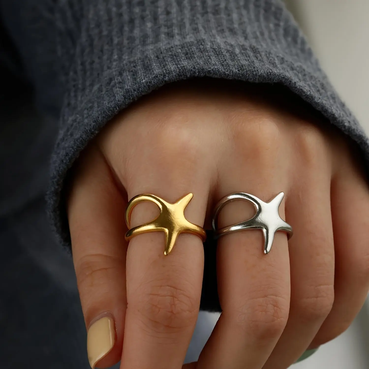 Classic Silver Cosmic Star Open Ring - Single Row Star Accent Adjustable Fitted Costume Jewelry for Women, Daily Wear, Gift-Giving, Cosmic Star Rings, Single Row Rings
