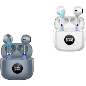 Jxrev 2 Pack Dark Grey and White Wireless Earbuds, Wireless Earbuds, Bluetooth Ear Buds LED Power Display Headphones Bass Stereo, Bluetooth Earbuds in-Ear Noise Cancelling Mic, 40H Playback Case