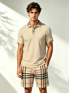 Men's Luxury Plaid Colorblock Polo Shirt Set, Summer Casual Loose Short Sleeve Shorts Two-Piece Set, Quick-Dry Breathable