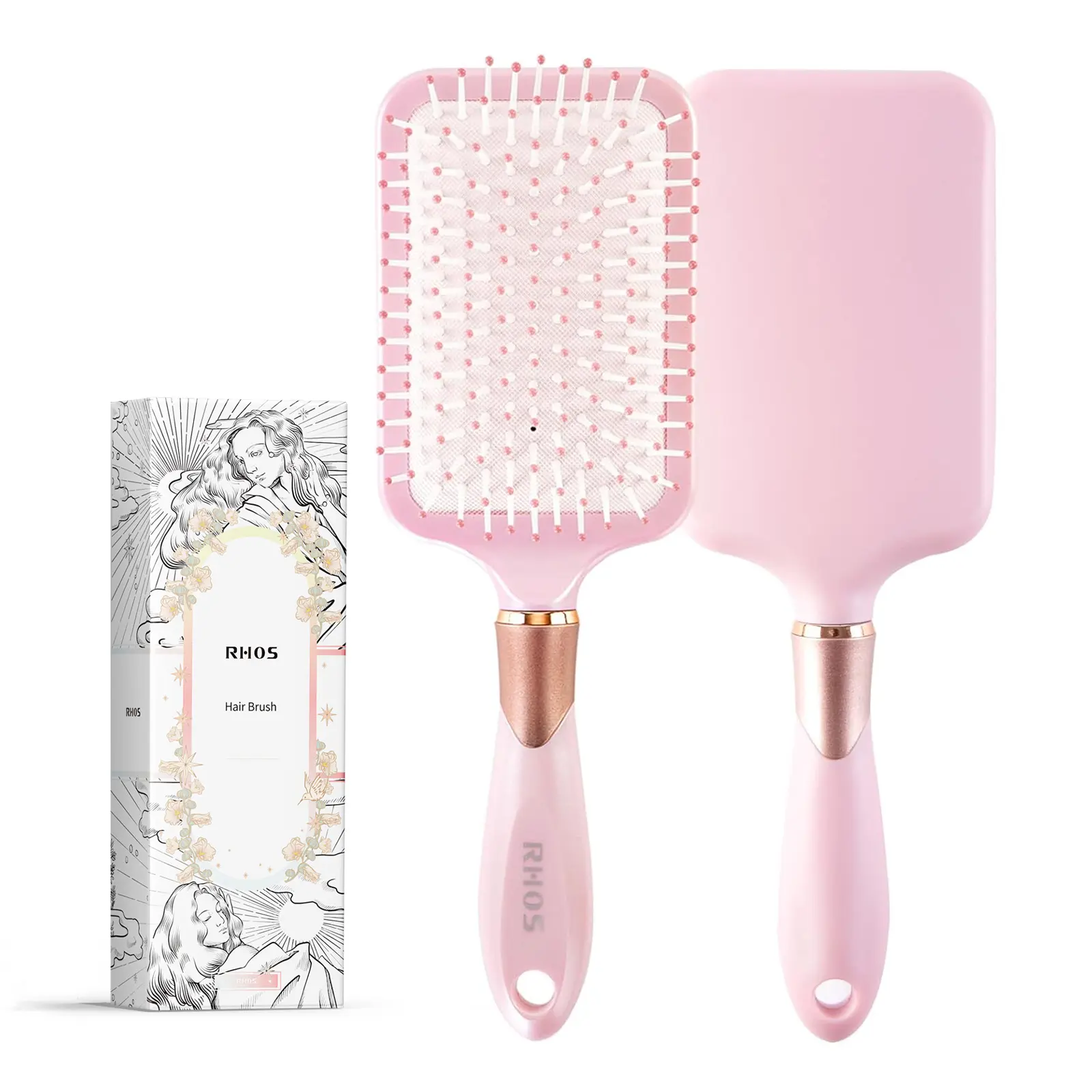 RHOS Oblong Cushioned Anti-Tangle Brush - Nylon Soft Bristles, ABS Adaptive Head Fit, Gentle Massage, Anti-Frizz, Detangling Tool for Thick Curly Long Hair, Wet & Dry Use