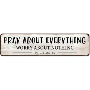 Bible Verses Wall Decor - Pray About Everything Worry About Nothing Philippians 4:6 - Rustic Farmhouse Wall Art, Faith Belief Religion Living Room House Plaque Pray Signs 4"x16" Metal
