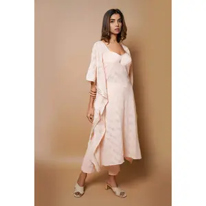 Peach Chikankari Kaftan Set (Set Of 3)