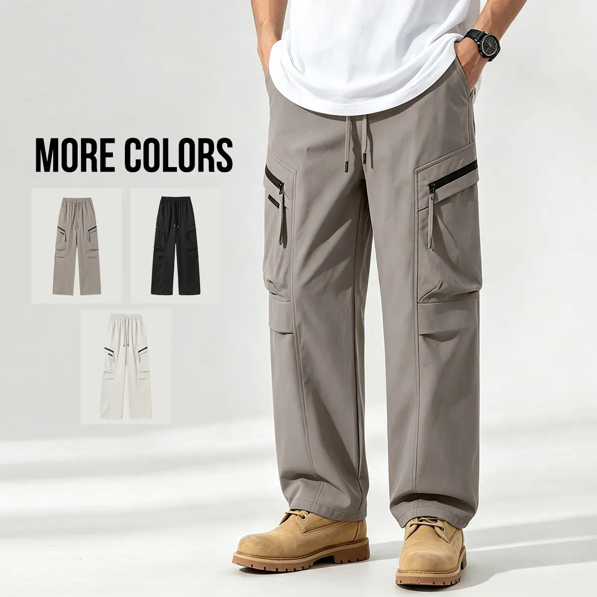 Men’s cargo pants, baggy techwear pants, loose-fit utility trousers, streetwear work pants with zippered pockets, casual wide-leg pants