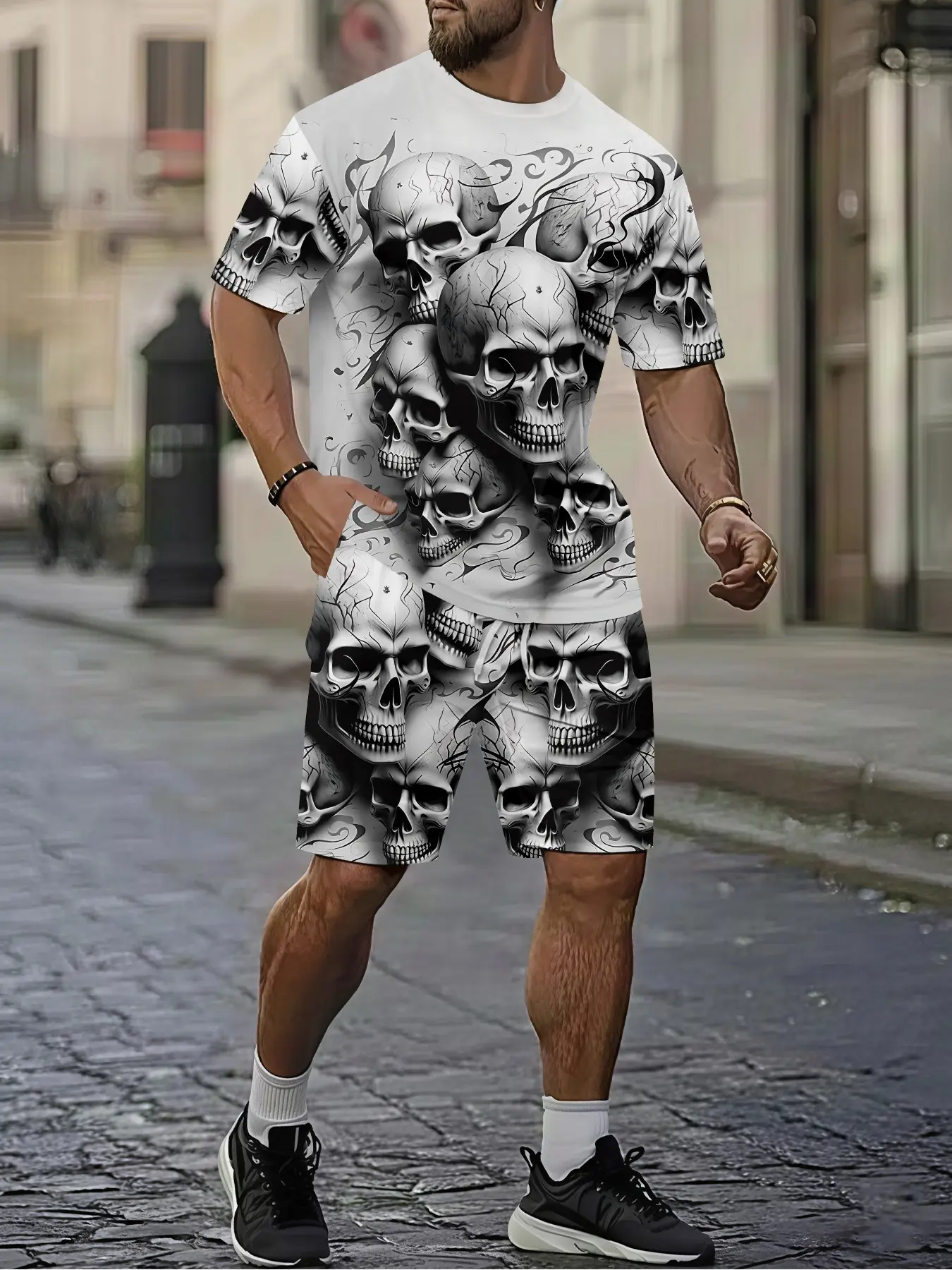 Men's 3D digital printed two-piece set with full skull print, dark punk style, 2Pcs, trendy and fashionable set, trendy retro casual two-piece set, vacation-style trendy outfit, breathable sports and leisure style, a perfect holiday gift for men Top