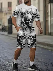 Men's 3D digital printed two-piece set with full skull print, dark punk style, 2Pcs, trendy and fashionable set, trendy retro casual two-piece set, vacation-style trendy outfit, breathable sports and leisure style, a perfect holiday gift for men Top