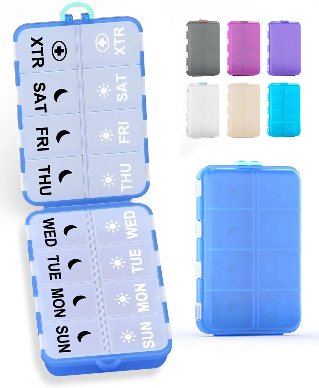 Pill Organizer Travel Medicine Organizer - Weekly Pill Organizer with 2 Extra Compartments, Clear Printed Labels, AM PM Pill Dispenser