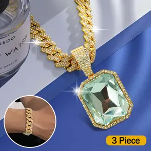 Fashion Hip Hop Gemstone Big Pendant Necklace with Cuban Bracelet Set - Hip Hop Cool Necklace, Rapper Miami Style Cuban Chain, Holiday Gift