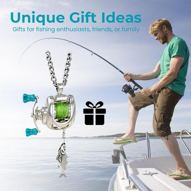 Functional Rotating Mini Fishing Reel Necklace – Real Moving Line Guide Pendant for Fishermen, Anglers & Fishing Enthusiasts