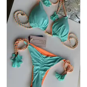 Women’s New Multicolor Backless Rope Triangle Bikini Swimsuit for Swimming and Beach