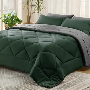 Forest Green Queen Comforter - 7 Queen Bed in a Bag, Queen Bed Forest Green and Grey with Comforters,, Pillowcases  Shams
