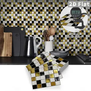 10 PCS/Box PE Crystal Foam Tile Sticker, Black Gold & Platinum Mini Grid Mosaic Tile Sticker, Waterproof Oilproof Anti-Collision Wall Decal for Kitchen Bathroom Bedroom Ceiling Tile & Old Wood Board Decoration