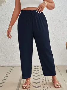 Plus Size Elastic Waist Straight Leg Pants, Loose Legged Pants, Casual Frill Trim High Waist Trousers for Women, Women's Bottoms for All Seasons