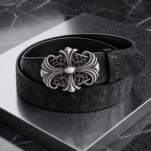 Black Western Cross Buckle Belt Waist Size 30-39 Inch Y2K Embossed Adjustable Waist Belt