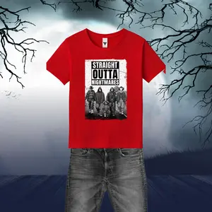 "STRAIGHT OUTTA NIGHTMARES" Red T-Shirt for Halloween Lovers Bold Red Black White Colors Comfortable Stylish Apparel