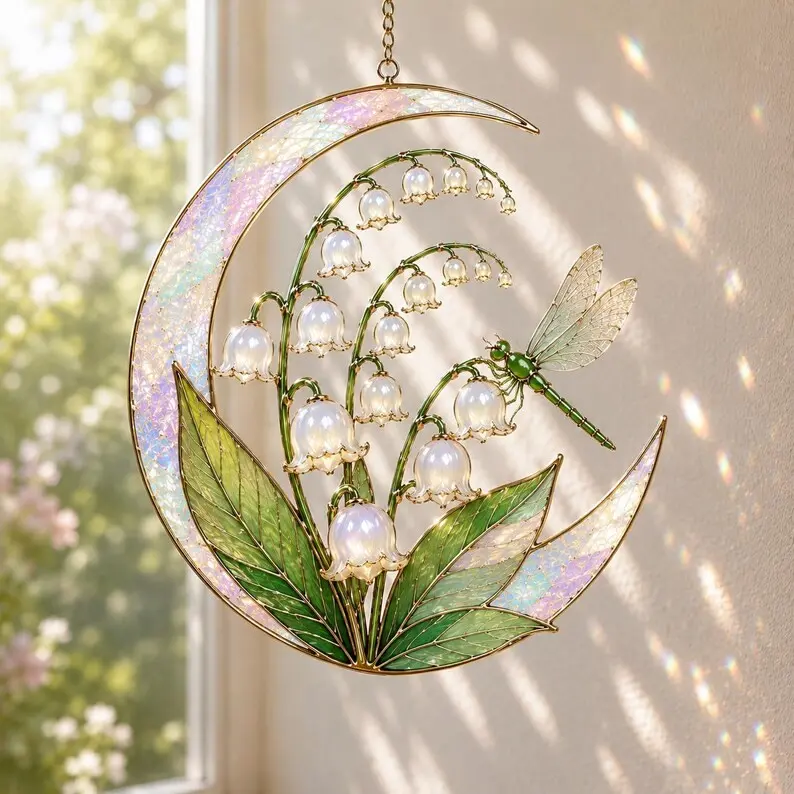Dragonfly Lily of the Valley Moon Suncatcher, Acrylic Garden Decor
