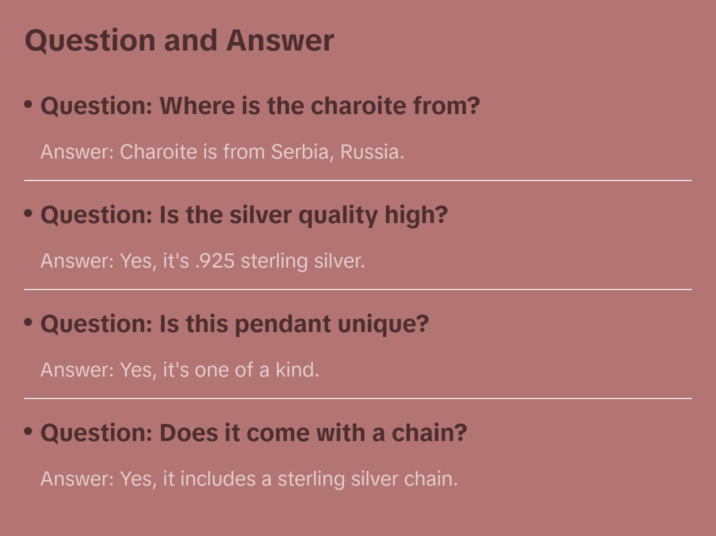 Handcut Charoite Pendant in .925 Sterling Silver