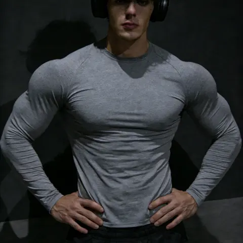 Men's Mixed Fabric Long-Sleeve Quick-Dry T-Shirt, Sporty Crew-Neck Slim-Fit Sweat-Wicking Top, Workout Top, Breathable Gym Training & Running Base Layer, Fitness Shirts