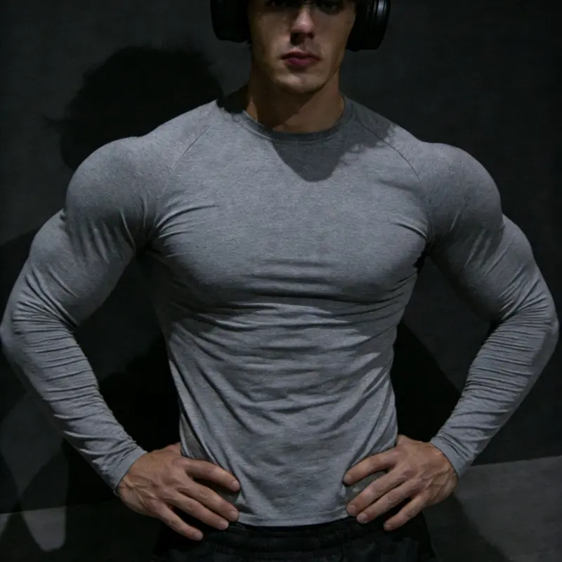 Men's Mixed Fabric Long-Sleeve Quick-Dry T-Shirt, Sporty Crew-Neck Slim-Fit Sweat-Wicking Top, Workout Top, Breathable Gym Training & Running Base Layer, Fitness Shirts