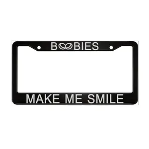 Boobies Make Me Smile Aluminum Alloy License Plate Frame White Black Applicable to US Standard Car Metal Car Tag Frame Funny Front Clear License Plate Cover Holder
