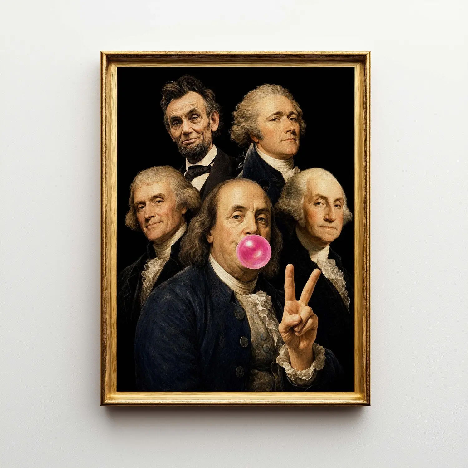 Funny Founding Fathers Bubble Gum Unframed Poster, US Presidents Pop Art Wall Art, Benjamin Franklin Peace Sign Print, Premium Hybrid Paper 220g Decor, Trendy Aesthetic Home Merch