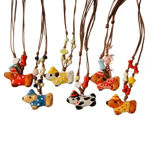 Handmade Ceramic Dog Necklace - Cute Pet Charm with Colorful Patterns and Beaded Accents for Stylish Pet Accessories