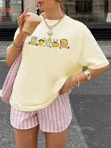 Lemon Print Casual Fitted Knit T-Shirt for Women, Short Sleeve Round Neck Top, Summer & Spring Wear, Comfortable Daily