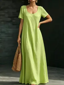 Women's Solid Color U-Neck Short Sleeve Maxi Dress, Casual Lazy Style with Pockets, Summer Daily/commute/vacation Wear, Womenswear