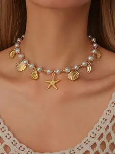 Boho Seashell Scallop Pendant Necklace, Beach Vacation Versatile Pearl Bead Chain, Perfect Gift for Friends, Trendy Charm Necklace